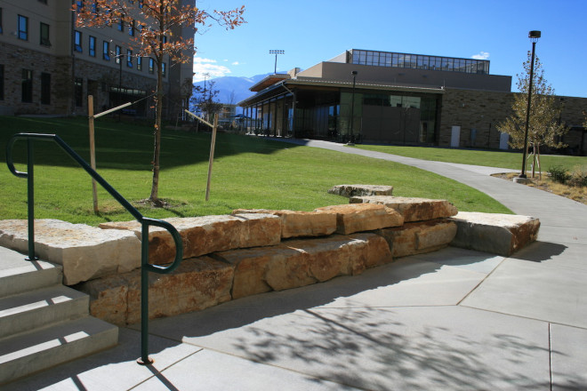 UCCS Campus Alpine Village – Colorado Springs, CO – Installed by Landtech Contractors utilizing large Siloam Slabs & Stair Treads