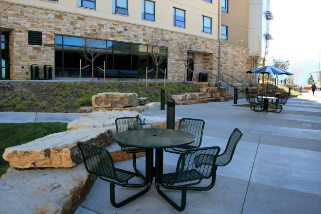 UCCS Campus Alpine Village – Colorado Springs, CO – Installed by Landtech Contractors utilizing large Siloam Slabs & Stair Treads