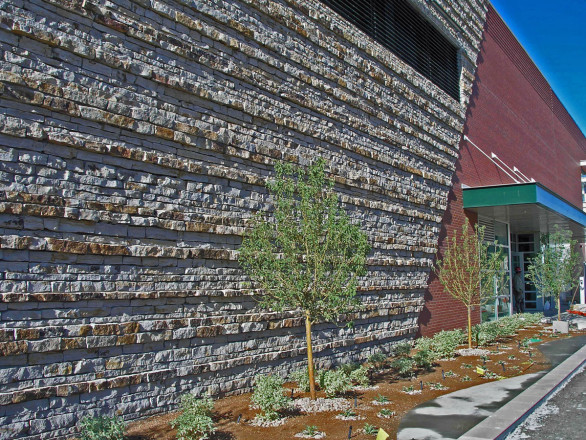 Architect: Architect: H+G Architects. General Contractor: Shaw Construction. Masonry Installation: Gallegos Corporation, Aspen, CO. Description: Sienna Buff and Grey 4 in. strip stone veneer (natural face Sienna bands, chopped face body).