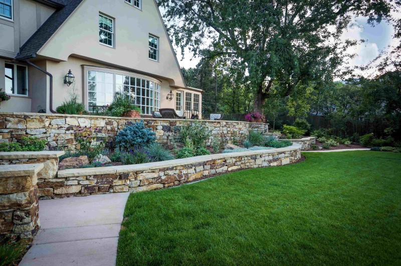 A two-tiered custom mortared terraced retaining walls using 3 – 5” Wall Stone graces the front yard of a residence in Colorado Springs, CO.